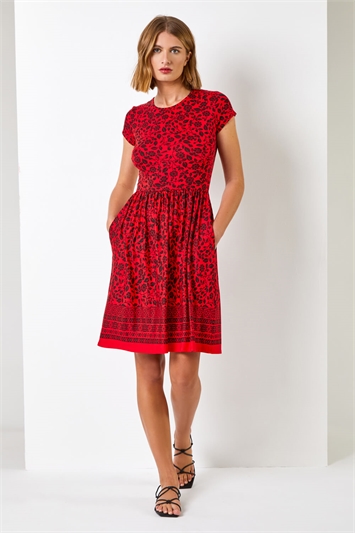 Red Floral Border Print Fit & Flare Dress, Image 3 of 4