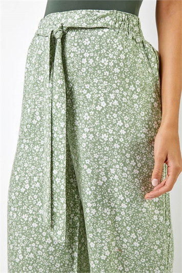 Sage Ditsy Floral Print Waist Tie Culottes, Image 5 of 5