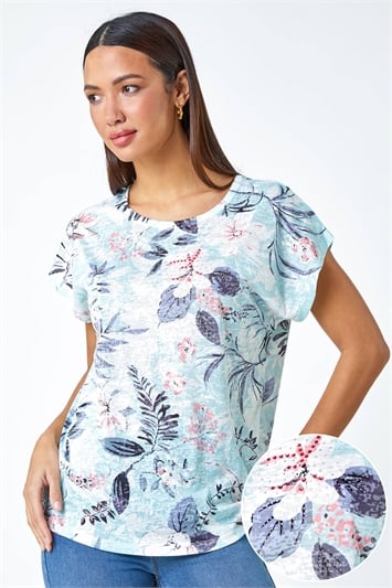 Blue Floral Hotfix Embellished Stretch T-Shirt