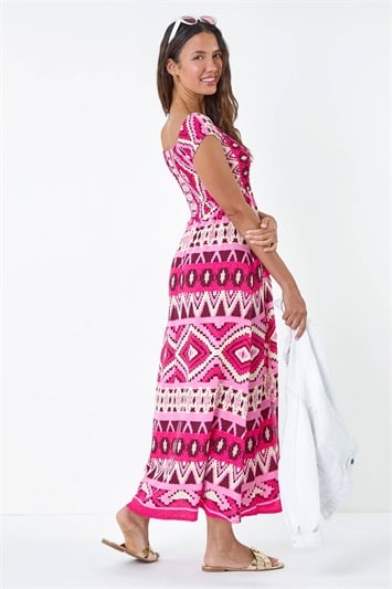Pink Aztec Shirred Bardot Maxi Dress