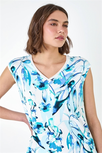 Blue Floral Print  V-Neck Chiffon Hem T-Shirt