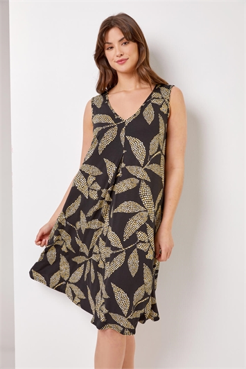 Black Curve Spot Leaf Print Dress