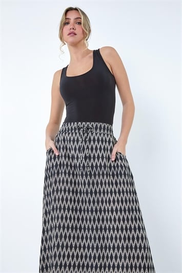Black Printed Tie Front Pocket Skirt
