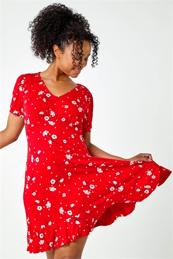 Red Petite Floral Puff Sleeve Frill Hem Dress
