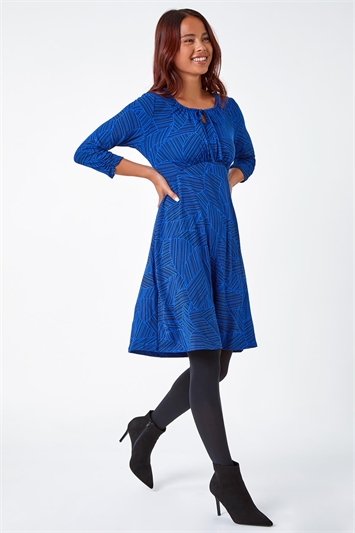 Blue Petite Linear Print Stretch Tea Dress