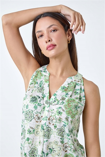 Green Floral Burnout Print V-Neck Vest Top