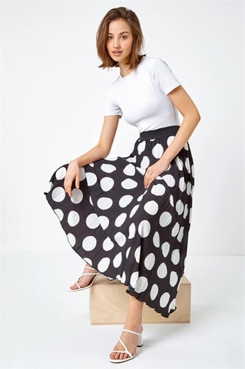 Black Polka Dot Pleated Midi Skirt