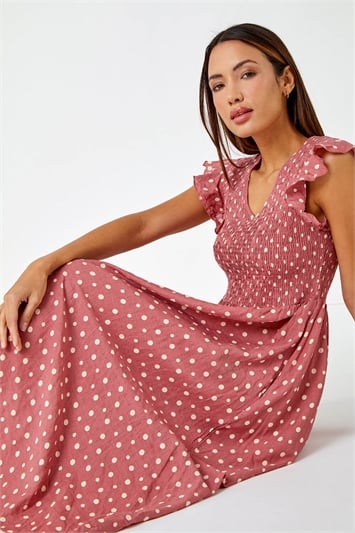 Pink Frill Sleeve Spot Shirred Midi Dress