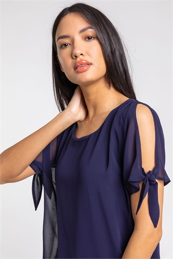 Navy Chiffon Layered Tie Detail Top With Necklace, Image 4 of 5