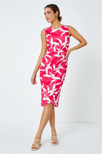 Pink Leaf Print Ruched Shift Dress