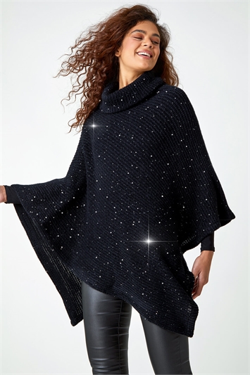 Black Ribbed Roll Neck Sequin Poncho