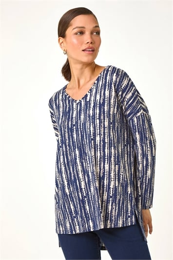 Blue Abstract Print V-Neck Tunic Stretch Top