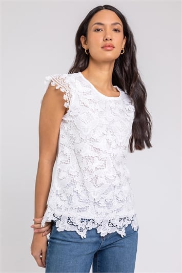 Ivory Broderie Butterfly Stretch Overlay Top, Image 1 of 5