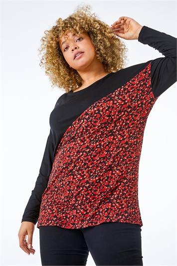 Red Curve Animal Print Panel Jersey Top