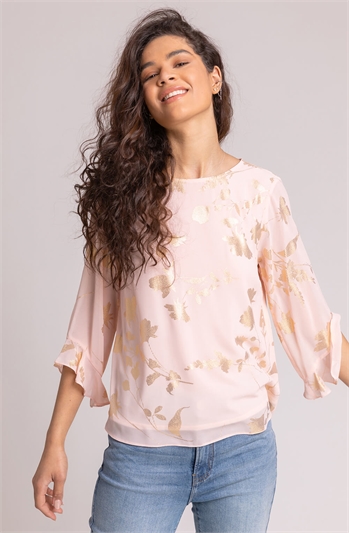 Pink Floral Foil Chiffon Flared Sleeve Top