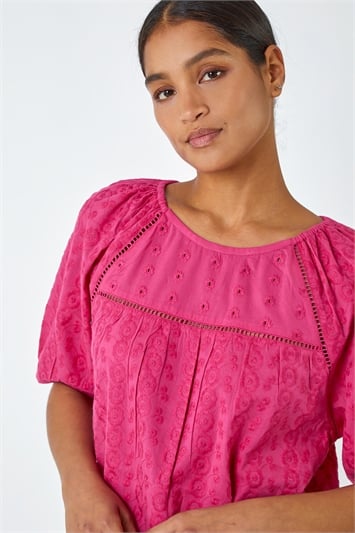 Pink Broderie Puff Sleeve Cotton Top