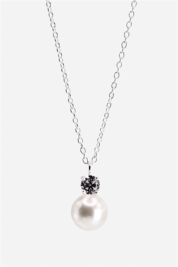 Metallic Sterling Silver Faux Pearl And Cubic Zirconia Necklace
