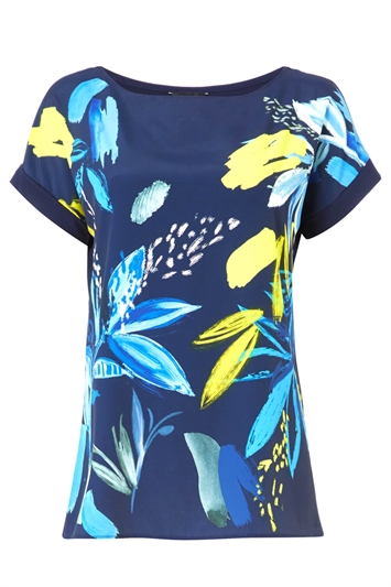 Navy Abstract Leaf Print Stretch T-Shirt, Image 3 of 7