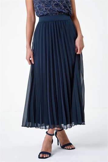 Blue Petite Pleated Elastic Waist Maxi Skirt