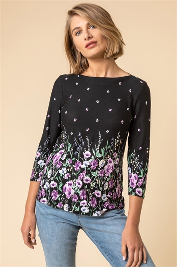 Floral Border Print Top in Black - Roman Originals UK