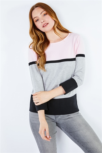 Pink Colour Block Ribbed Jumper