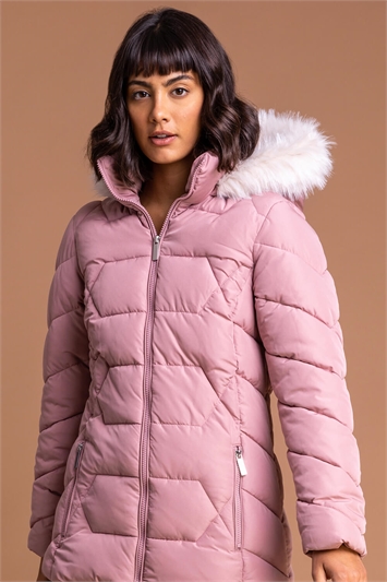 Light Pink Faux Fur Trim Hooded Coat, Image 2 of 5
