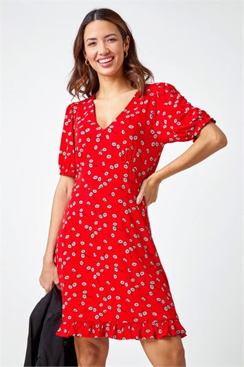 Red Floral Print Frill Tea Dress
