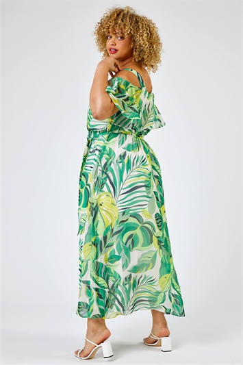Green Curve Tropical Leaf Print Cold Shoulder Maxi Dress, Image 2 of 5