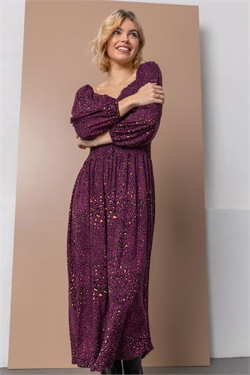 Purple Shirred Leopard Print Midi Stretch Dress
