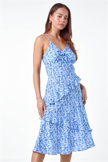 Blue Petite Ditsy Floral Frill Midi Dress