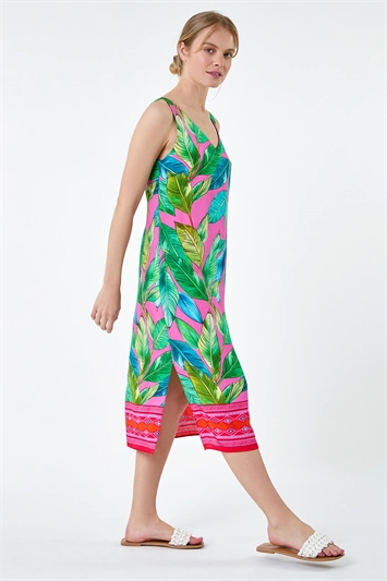 Pink Tropical Border Print Midi Dress