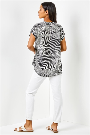 Black Abstract Wave Print Relaxed Shirt , Image 2 of 5