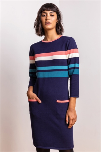 Navy Contrast Stripe Print Jumper Dress