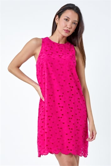 Pink Cotton Embroidery Detail Shift Dress