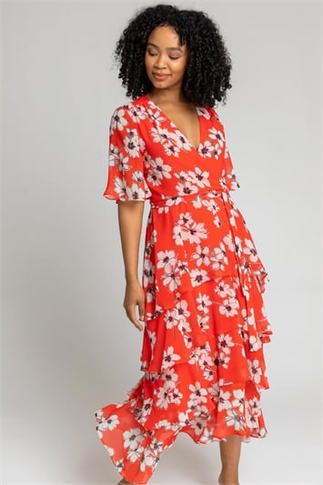 Red Petite Floral Print Tiered Frill Dress