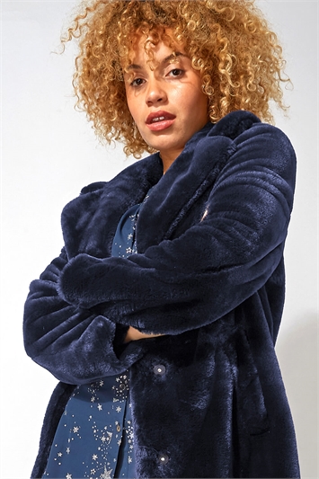 Midnight Blue Faux Fur Collared Coat, Image 3 of 4