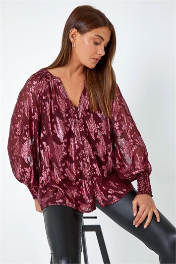 Red Abstract Metallic Print V-Neck Blouse