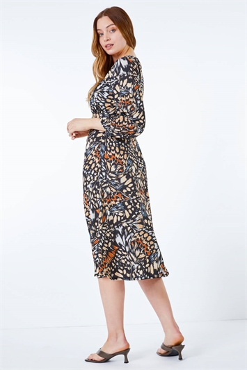 Black Abstract Print Sqaure Neck Jersey Dress , Image 2 of 5
