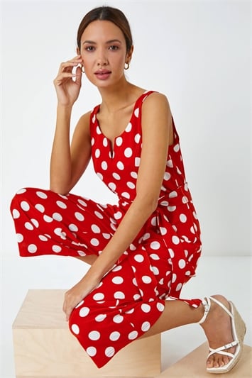 Red Spot Print Belted Jumpsuit