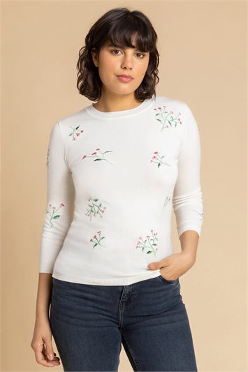 White Floral Embroidered Crew Neck Jumper