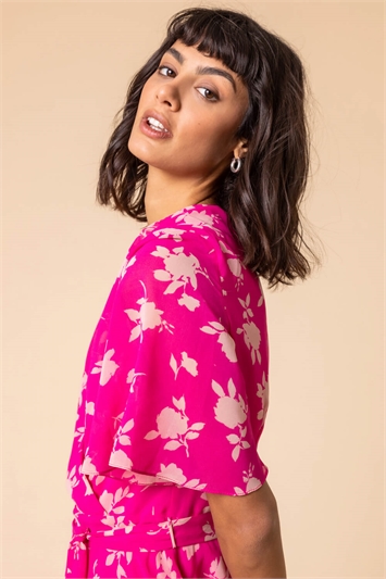 Pink Floral Print Tiered Frill Midi Dress, Image 4 of 5