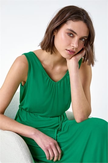 Green Gathered Tie Detail Stretch Midi Dress