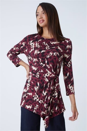 Red Abstract Print Side Twist Stretch Top