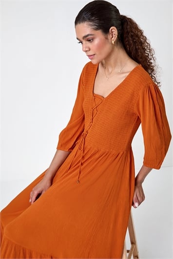 Brown Lace Up Shirred Midi Dress