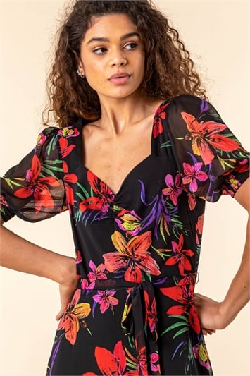 Black Tropical Floral Print Tea Dress, Image 4 of 4