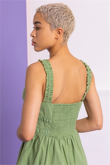 Pea Green Shirred Lace Detail Sundress, Image 5 of 6