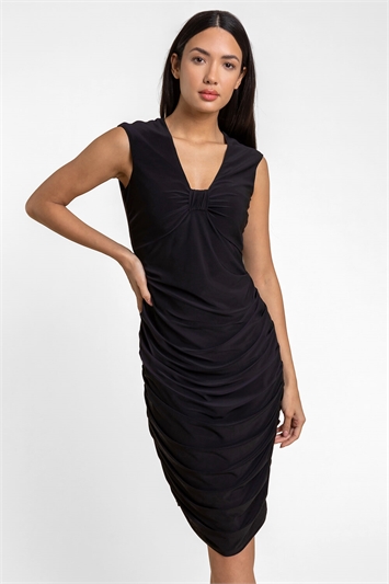 Black Ruched Knot Front Jersey Dress