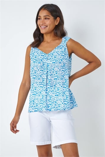 Blue Ditsy Print Pleat Front Cami Top
