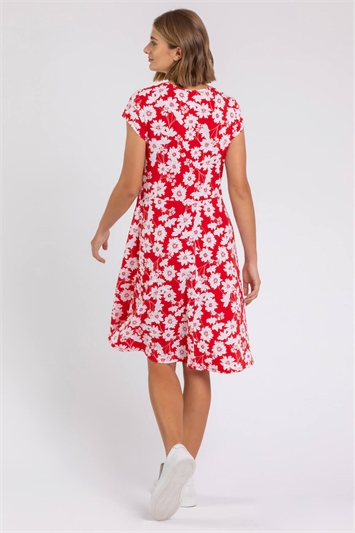 Red Floral Print Stretch Jersey Tea Dress, Image 2 of 4
