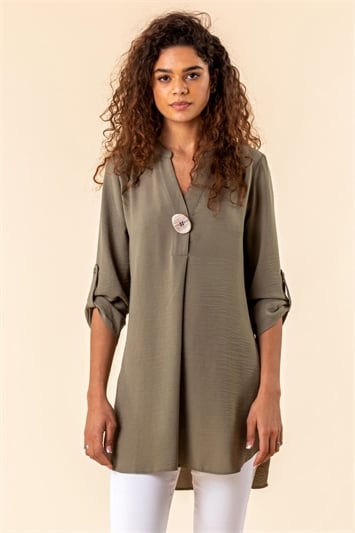 Olive Longline Button Detail Tunic Top, Image 1 of 4